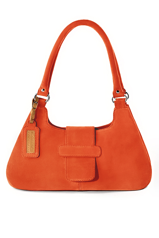 Clementine orange women's dress handbag, matching pumps and belts. Top view - Florence KOOIJMAN